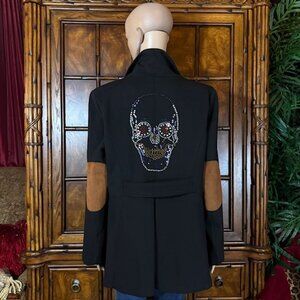 Sheryl Crow Black Rhinestone Skull Faux Suede Elbow Sweep Curved Front Blazer